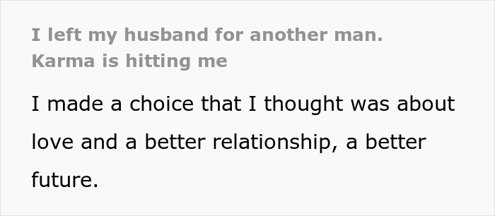 Text excerpt about a woman admitting defeat by karma after her affair partner leaves her following infidelity.