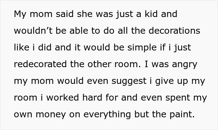 Text excerpt about teen accused of crushing half-sister’s dreams by refusing Christmas gift, expressing anger over room decoration conflict. Text excerpt about teen accused of crushing half-sister’s dreams by refusing Christmas gift, expressing anger over room decoration conflict.