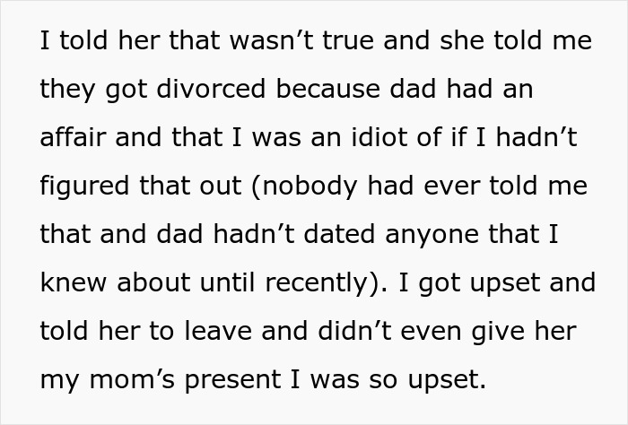 Text excerpt showing a daughter upset over her mom blaming her for choosing dad in the divorce and refusing involvement. Text excerpt showing a daughter upset over her mom blaming her for choosing dad in the divorce and refusing involvement.