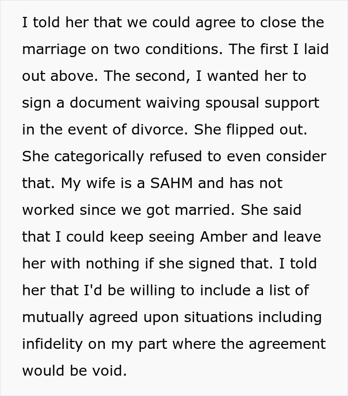 Text discussing a husband negotiating an open marriage agreement with his wife to reconnect with her ex.