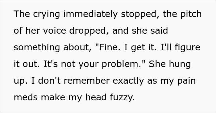 Text excerpt about woman recovering from surgery, dealing with pain meds and emotional stress during a difficult call.