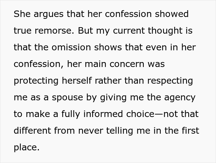 Text excerpt about remorse and confession reflecting on a spouse’s cheating and lack of full disclosure.