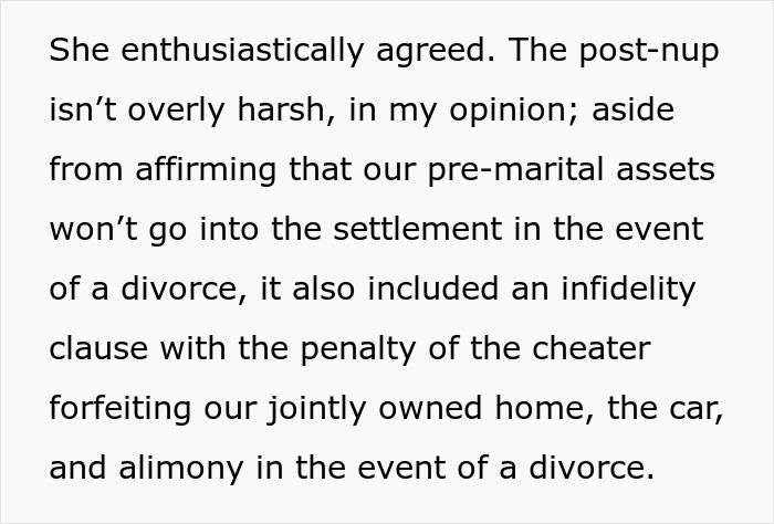 Text discussing a post-nup agreement including an infidelity clause with penalties for cheating during a divorce.