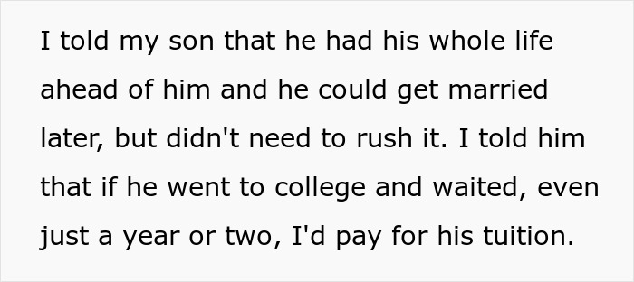 Alt text: Mom urges son not to marry girlfriend straight after high school, offering to pay tuition if he waits.