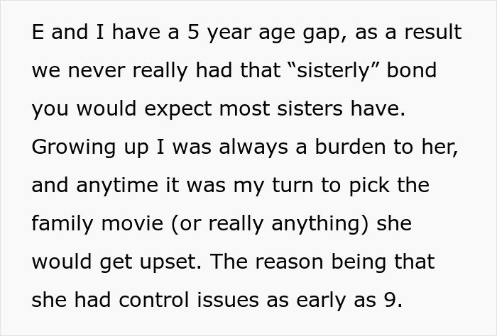 Text excerpt showing a woman describing her strained relationship with her sister who has control issues since age 9.