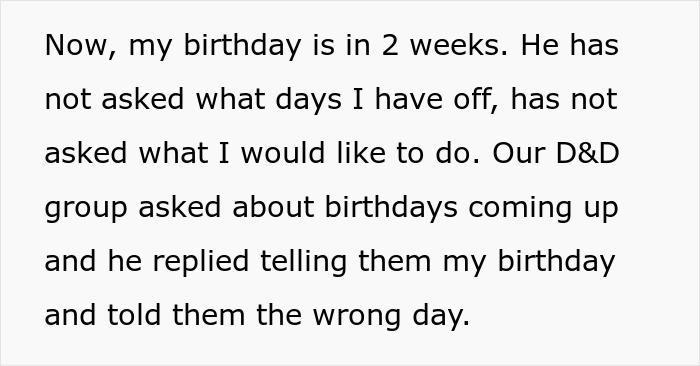 Text about a woman concerned with relationship energy and her boyfriend misremembering her birthday.