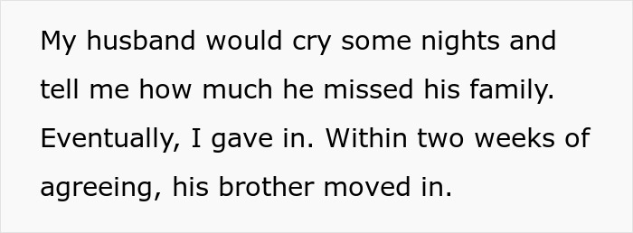 Text about wife done with hubs&rsquo; relatives living with them and conflict over housing his mommy in marriage situation.