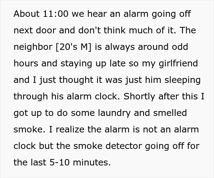 Text describing a man&rsquo;s heroic actions after hearing a smoke detector alarm, highlighting he wasn&rsquo;t the problem after all.