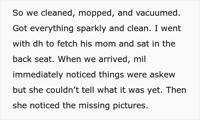 Text excerpt describing a family conflict where the daughter-in-law rearranged the mother-in-law&rsquo;s furniture causing noticeable changes.