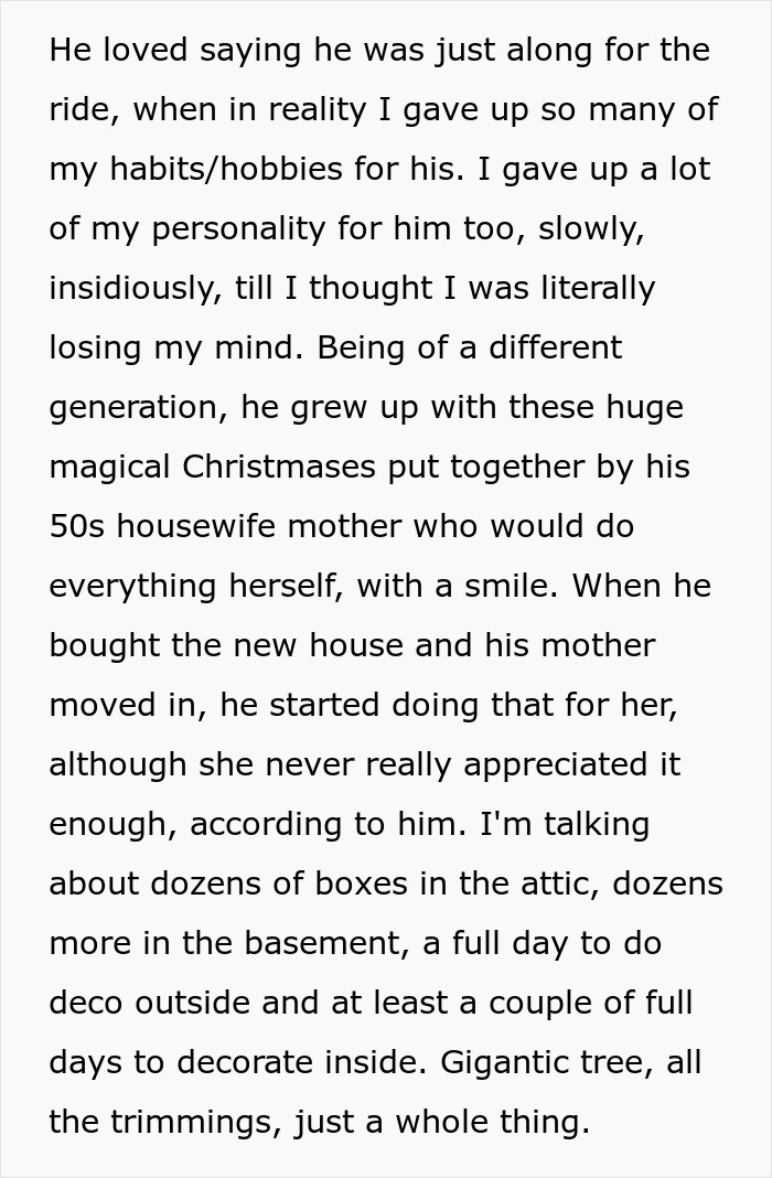 Text discussing a wife reflecting on giving up her personality and habits to live life like her husband, causing tension.
