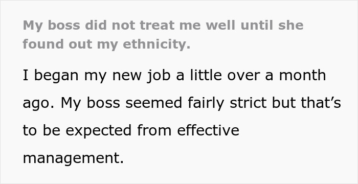 Text excerpt showing a bullied employee nitpicked by boss daily who later changes attitude after learning her ethnicity.