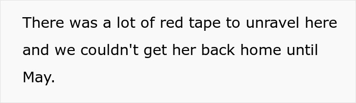 Guy embarrasses wife text excerpt on pale gray background: red tape delayed getting her back home until May. Guy embarrasses wife text excerpt on pale gray background: red tape delayed getting her back home until May.