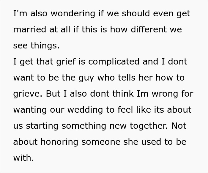 Text excerpt discussing challenges in engagement while managing grief related to late boyfriend&rsquo;s ashes and wedding plans.