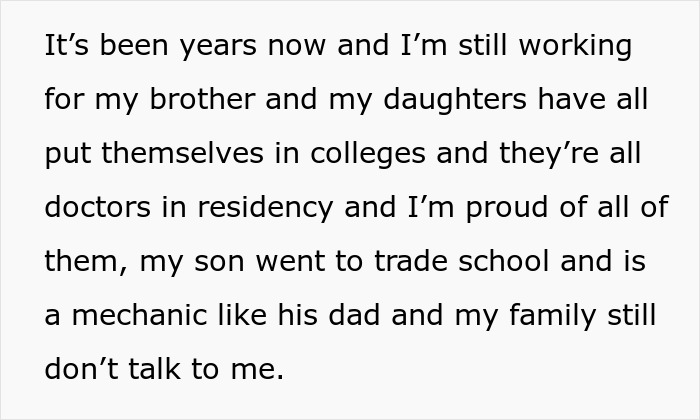 Text excerpt about a woman disowned for marrying a mechanic, watching rich siblings thrive while she struggles at 55.