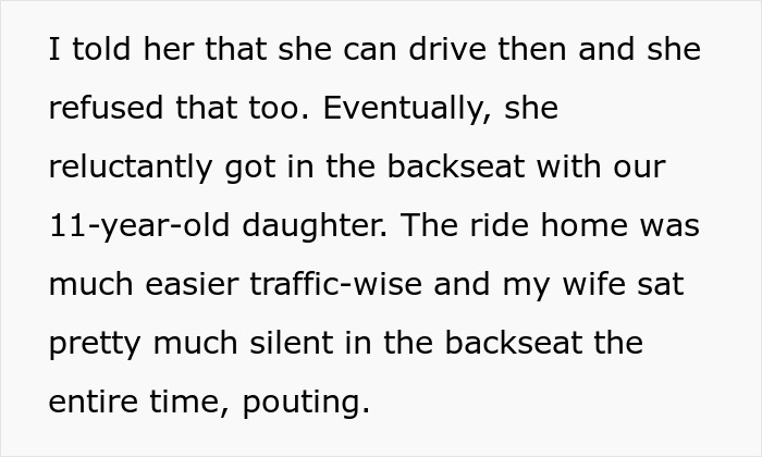 Text excerpt describing a wife&rsquo;s anxiety meltdown leading to being banned from the front seat by her husband.