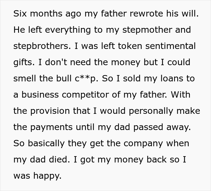 Text about emptying father's estate will, selling loans to business competitor, and handling payments before passing away.