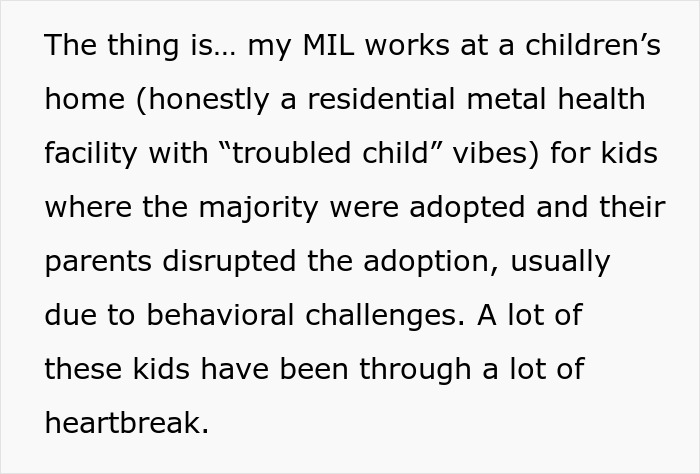 Text discussing MIL working at a children’s home with troubled kids, relating to inappropriate baby shower idea rejection.
