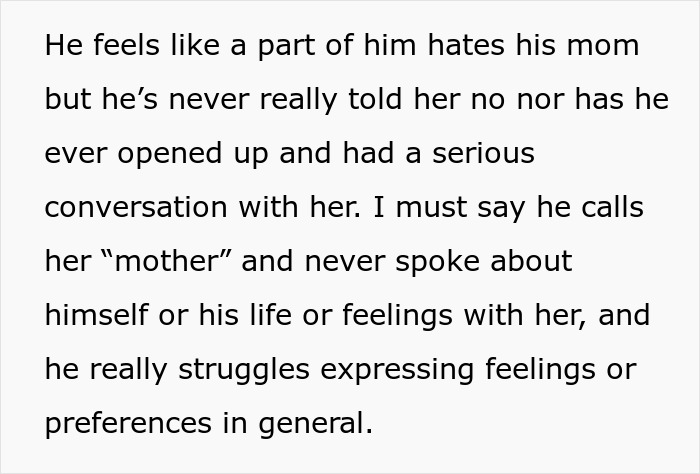 Text excerpt discussing a stepson's struggle to express feelings and the wife's control over parenting decisions. Text excerpt discussing a stepson's struggle to express feelings and the wife's control over parenting decisions.