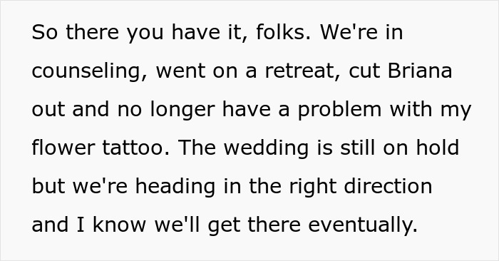 Man struggles with fianc&eacute;e&rsquo;s tattoo designed by ex, influenced by jealous friend, leading to wedding postponement and counseling progress.