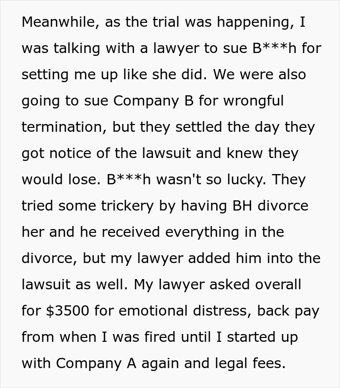 Text excerpt about suing a coworker and company for wrongful termination and emotional distress after being fired years prior.