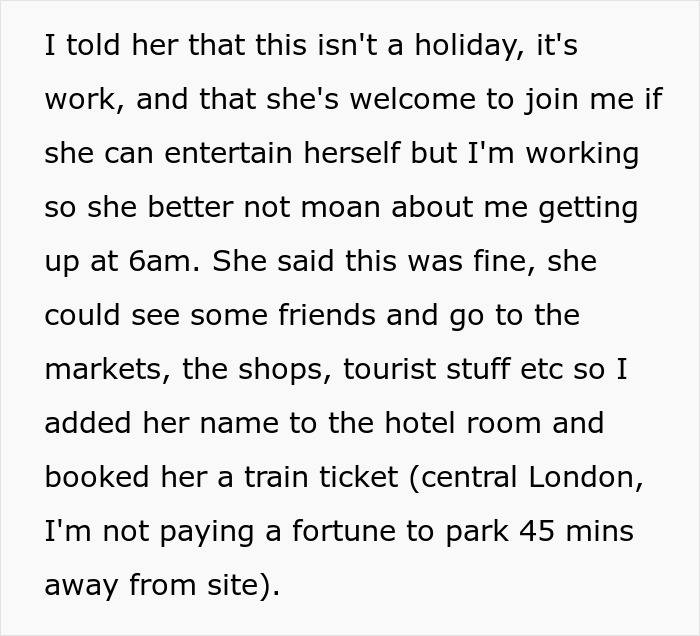 Text excerpt about a man explaining his business trip to his girlfriend who misunderstands it as a romantic getaway.