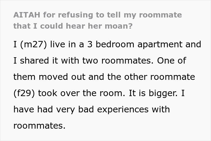 Text excerpt from a discussion where a guy refuses to embarrass his roommate by telling her he can hear her moan.