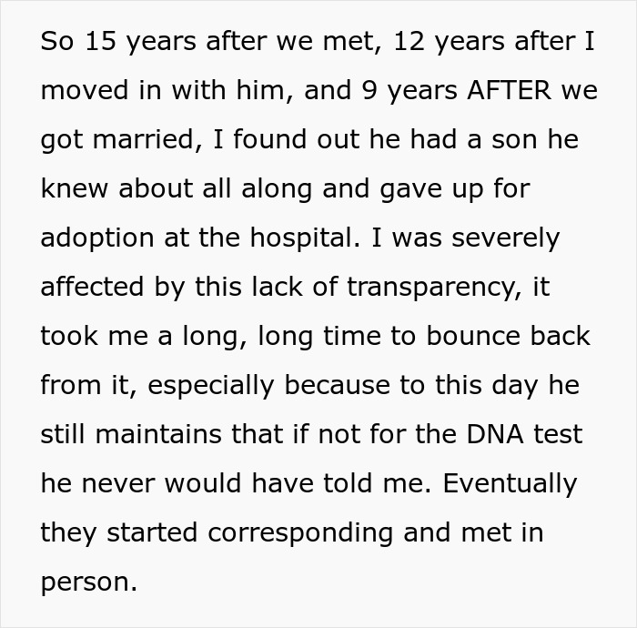 Text excerpt about a wife discovering her husband's secret son after years of marriage and their subsequent reconciliation.