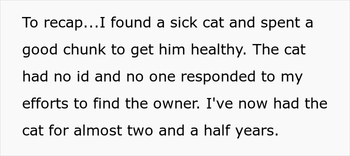 Text excerpt describing a lost cat’s recovery and care while efforts to find the original owner fail over two and a half years.