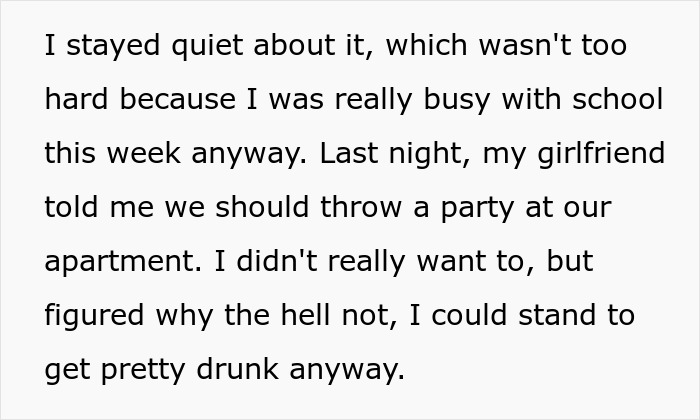 Text excerpt describing a guy suspecting his girlfriend is cheating with his roommate and planning to expose them.