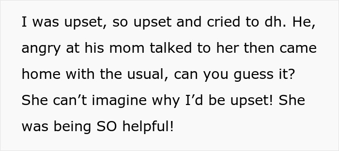 Text excerpt about MIL and DIL conflict, expressing upset feelings and frustration over MIL&rsquo;s unhelpful behavior.