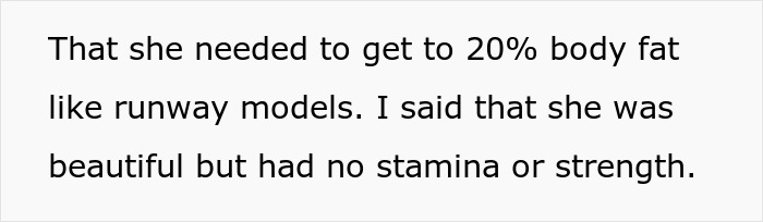 Text excerpt discussing body fat percentage and comparing stamina and strength related to a woman demanding a swimmer boyfriend look. Text excerpt discussing body fat percentage and comparing stamina and strength related to a woman demanding a swimmer boyfriend look.