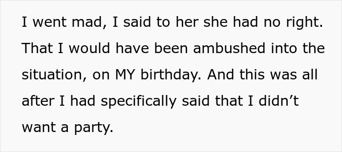 Text excerpt from a woman expressing anger about skipping her birthday party due to her ex being invited. Text excerpt from a woman expressing anger about skipping her birthday party due to her ex being invited.