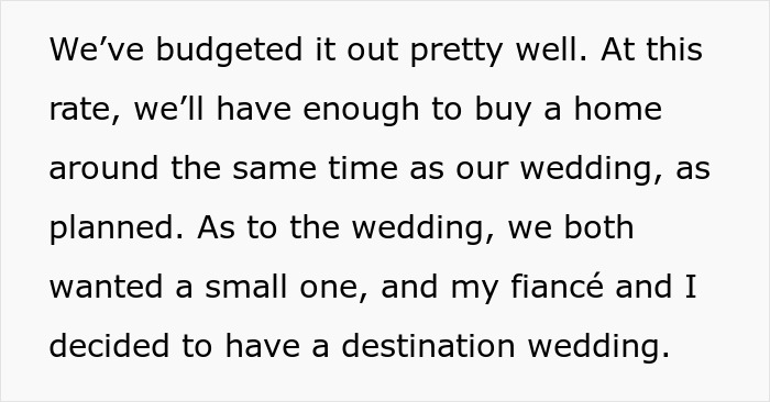 Text discussing budgeting for a wedding and planning a destination wedding with fiancé and handling money. Text discussing budgeting for a wedding and planning a destination wedding with fiancé and handling money.