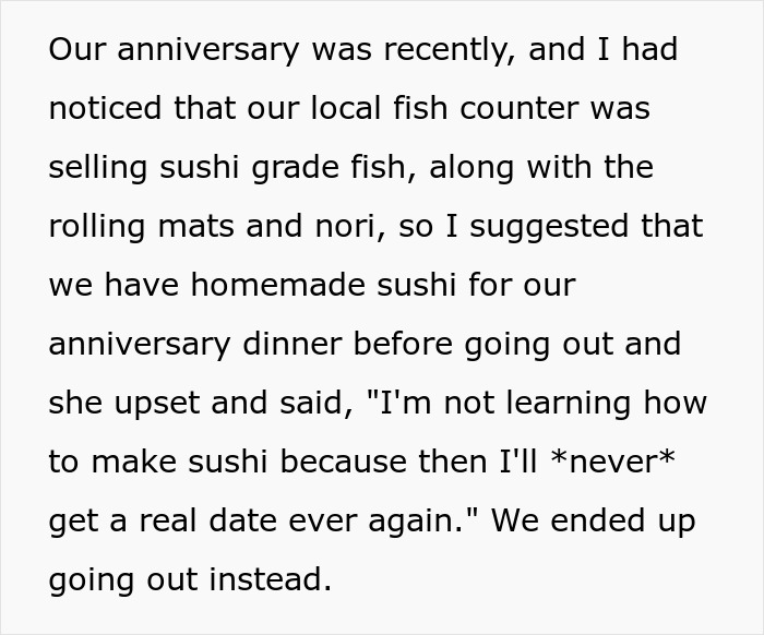 Couple discussing homemade sushi for anniversary dinner with chef girlfriend reluctant to stop going to restaurants. Couple discussing homemade sushi for anniversary dinner with chef girlfriend reluctant to stop going to restaurants.