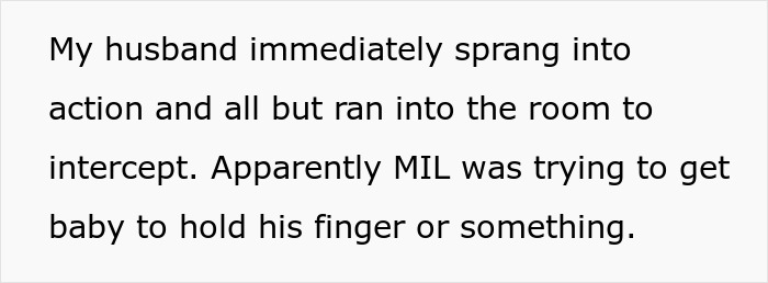 Text excerpt showing a husband intervening as MIL tries to get baby to hold his finger, highlighting mil-refuse-baby-name issue.