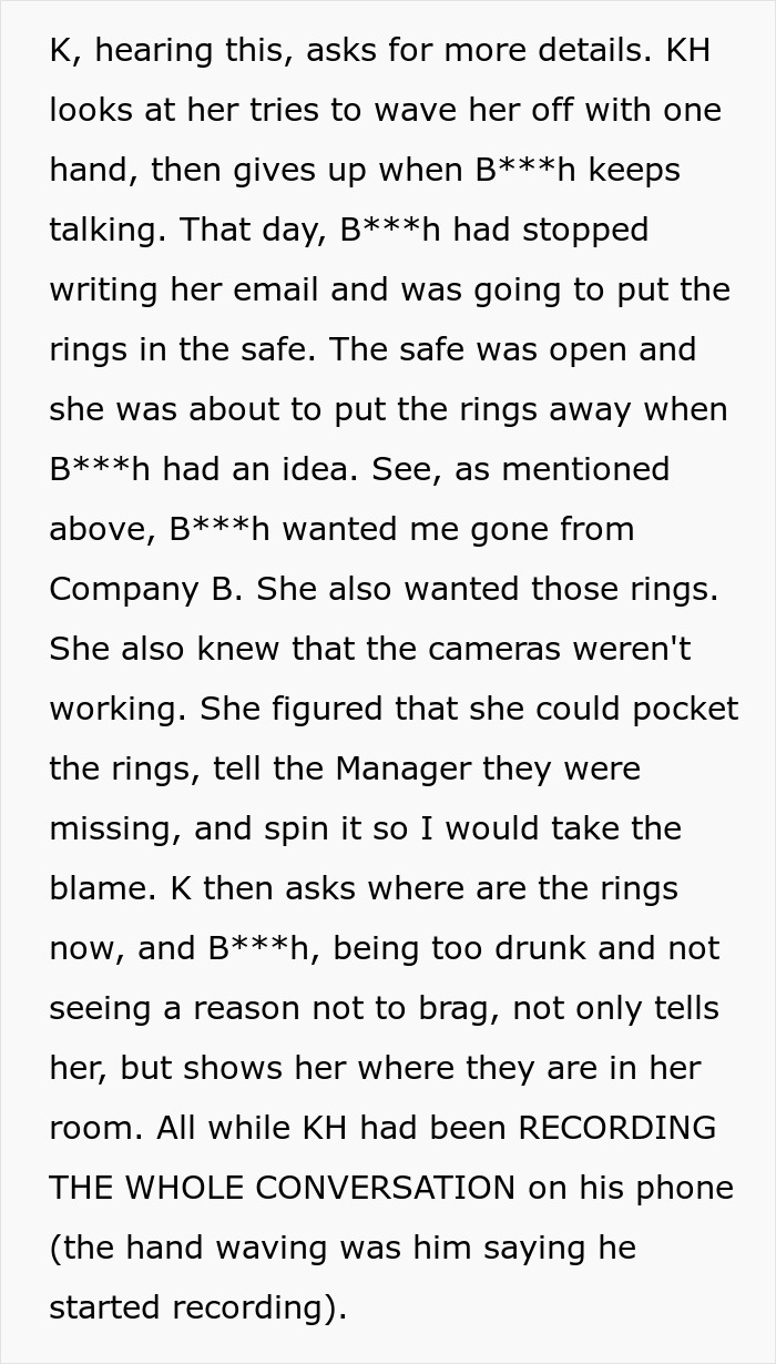 Text excerpt describing a coworker&rsquo;s scheme and recording for revenge after being fired years prior.