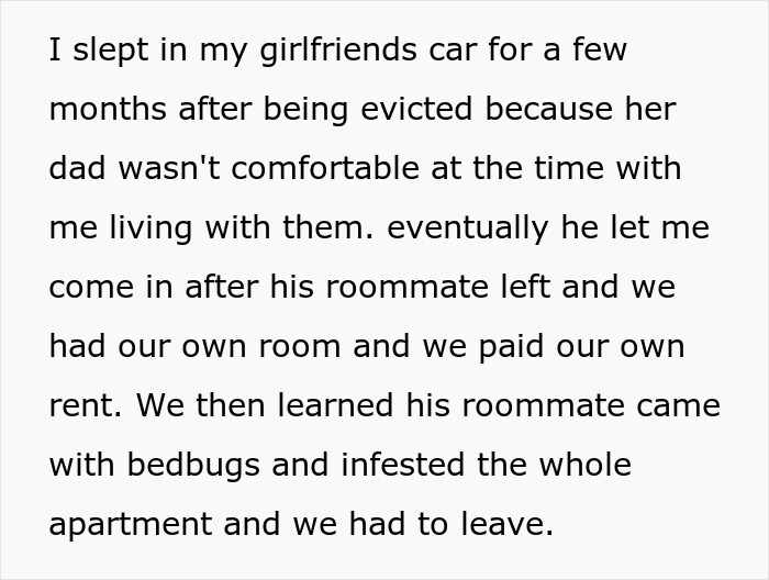 Text excerpt about sleeping in a girlfriend’s car and dealing with eviction, highlighting family neglect and CPS involvement.