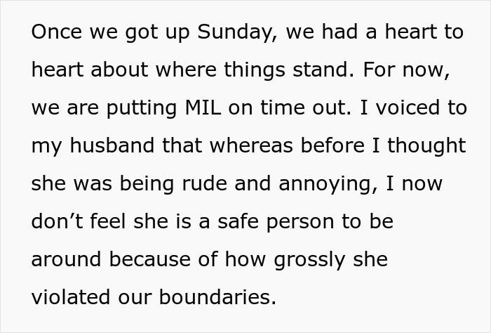 Text excerpt discussing MIL refusing baby name and setting boundaries after feeling unsafe due to boundary violations.