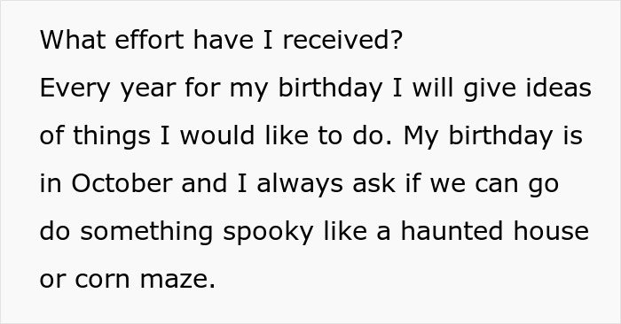 Text excerpt about woman match relationship energy with boyfriend describing birthday plans for spooky activities like haunted house or corn maze.