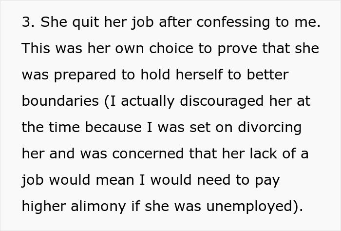 Text excerpt about a wife quitting her job after confessing infidelity, related to man discovering cheating after two years.