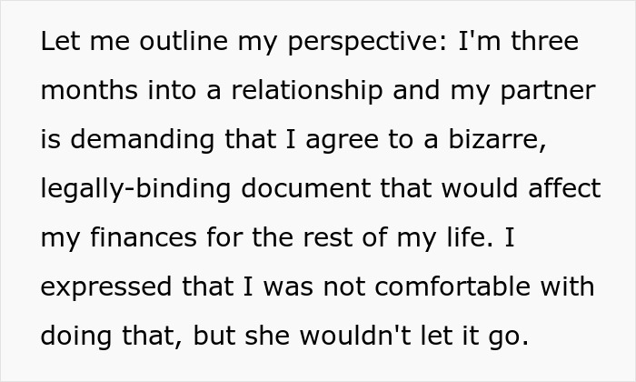 Text explaining a woman forcing her boyfriend to sign a contract giving her a share of his income for life.