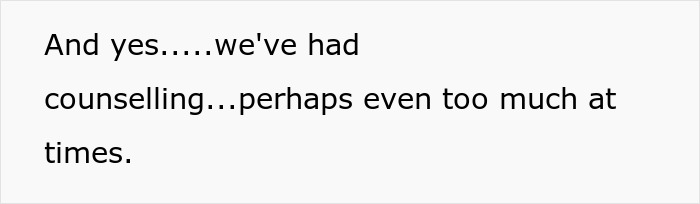 Text on white background stating a conversation about counseling amid wife's cosmetic upgrade and infidelity issues.