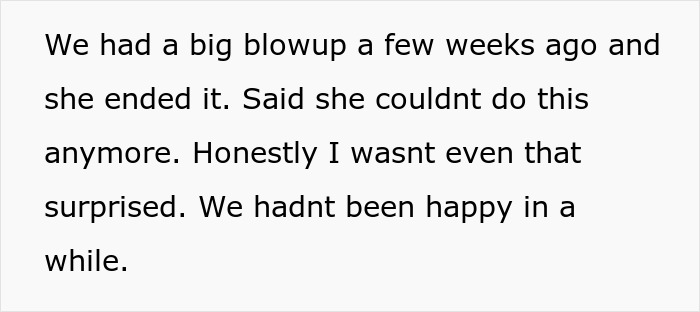 Text excerpt discussing an ex-house-drama relationship with a recent breakup and unhappiness in the partnership.