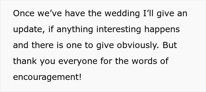 Text message discussing plans to give an update after the wedding and thanking for words of encouragement. Text message discussing plans to give an update after the wedding and thanking for words of encouragement.