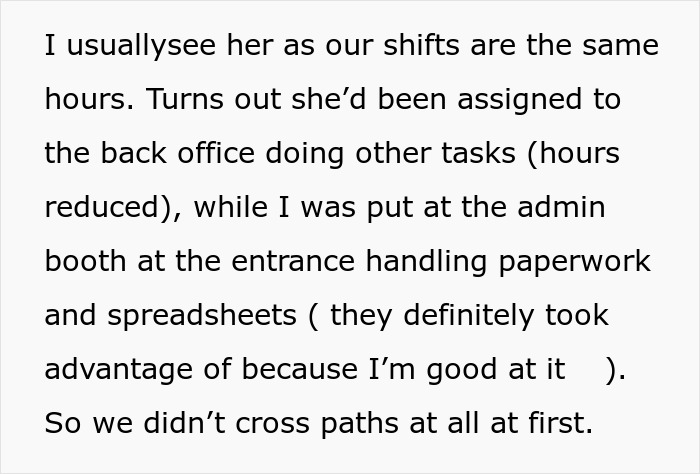 Text excerpt discussing coworker shifts and tasks, related to woman filming coworker to prove disability claims.