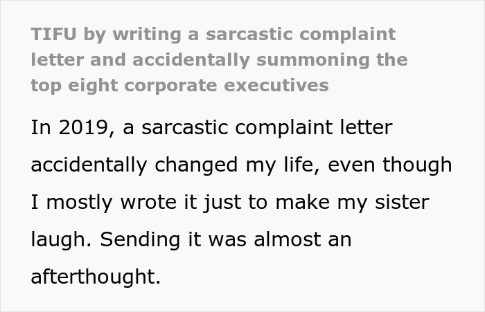 Text excerpt from a story about a sarcastic complaint letter that caught the attention of corporate executives and led to a patent pitch.