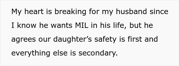 Text on a white background expressing a husband's desire for MIL while prioritizing their daughter's safety over a mil-refuse baby name.