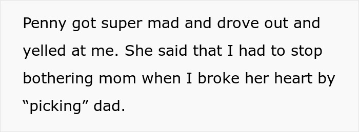 Text excerpt about a mom blaming her daughter for choosing dad in the divorce and cutting her out. Text excerpt about a mom blaming her daughter for choosing dad in the divorce and cutting her out.