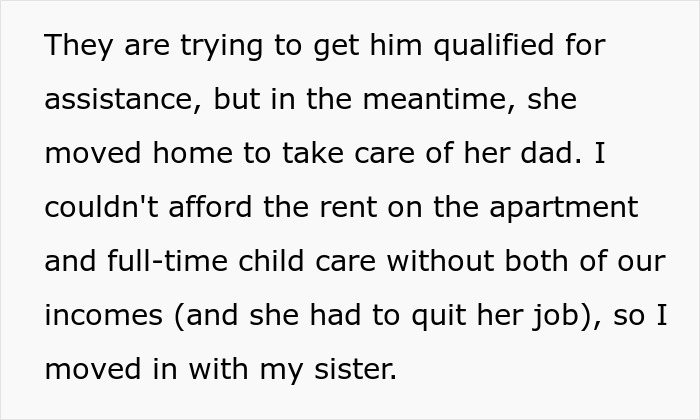 Text excerpt about a woman moving in with her sister-in-law due to financial struggles and caregiving responsibilities.