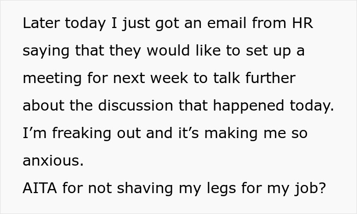 Text message expressing anxiety about an HR meeting over refusing to shave legs for work. Text message expressing anxiety about an HR meeting over refusing to shave legs for work.